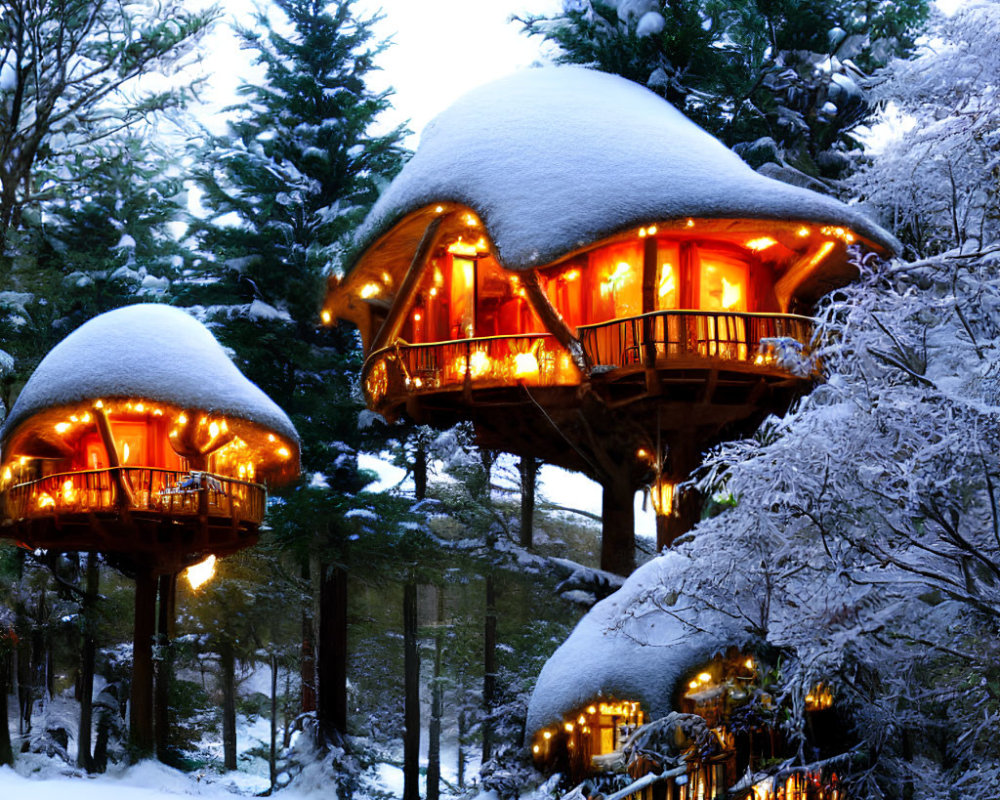 Snow-covered treehouses with conical roofs in winter forest dusk.