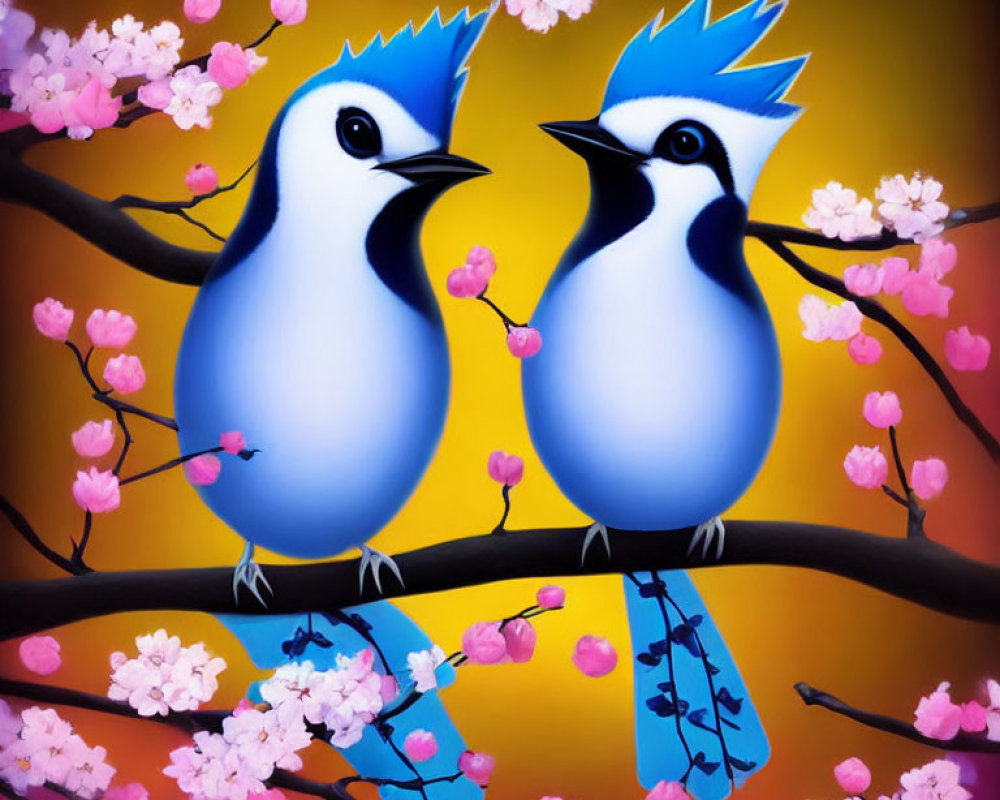 Stylized blue birds with mohawk crests on blossom branch, purple and orange background