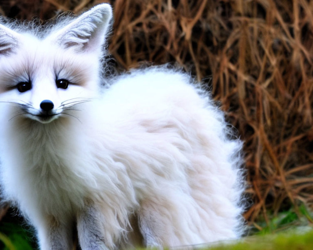 White Fox with Black-Tipped Ears in Greenery and Brown Foliage