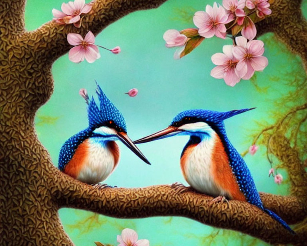 Vibrant kingfishers on a flowering branch in whimsical setting