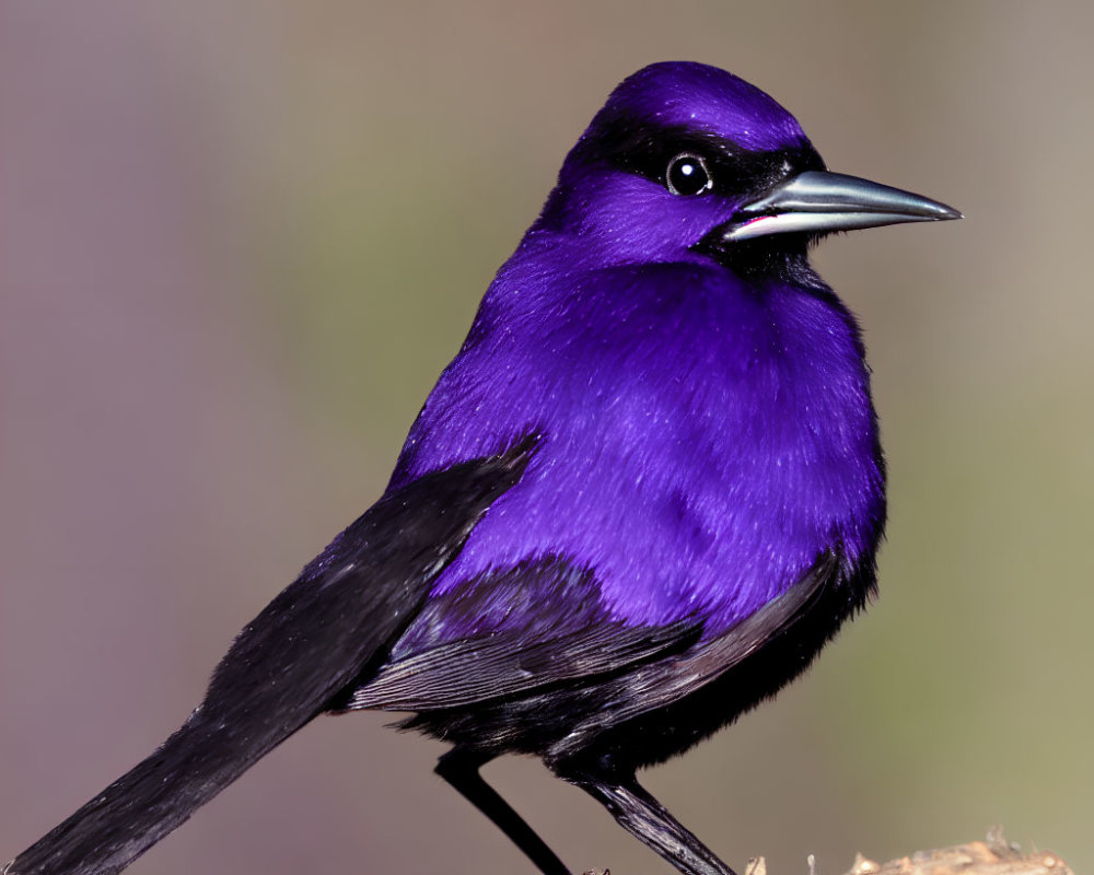 Vibrant purple bird with glossy plumage and black beak perched on branch.