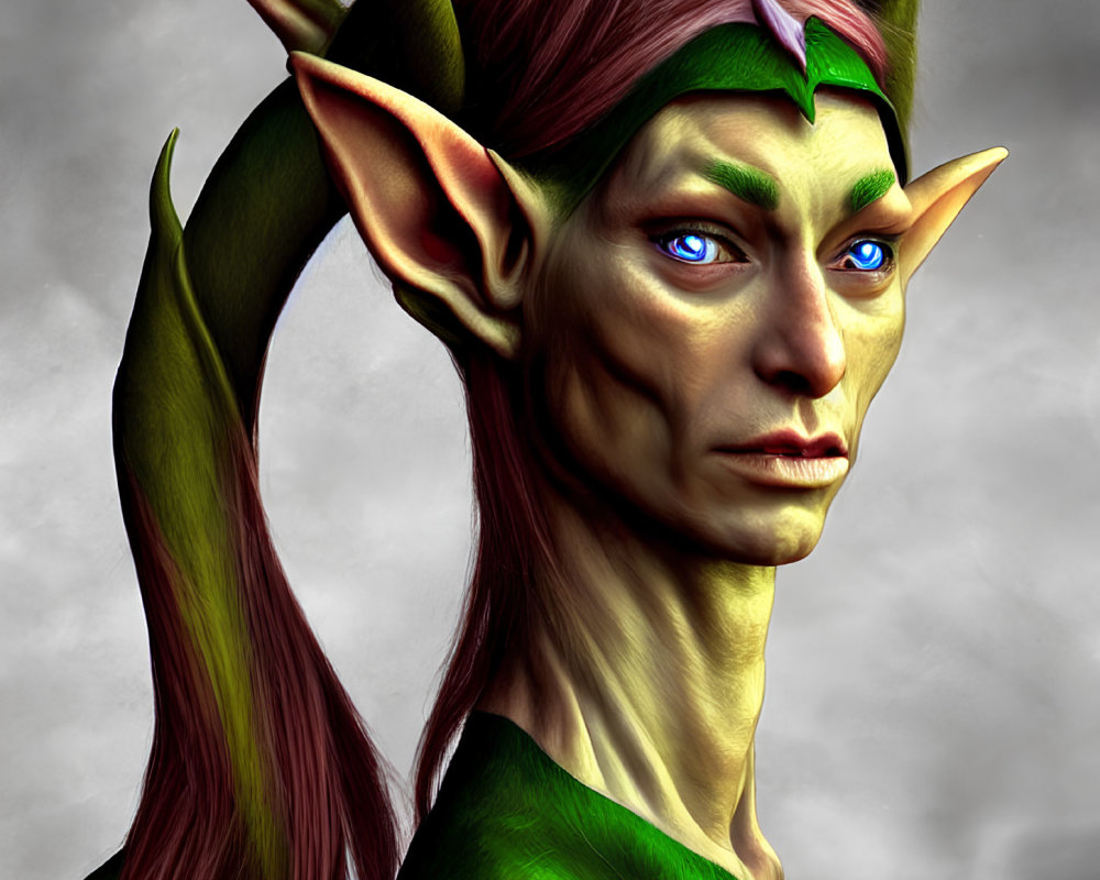 Elf illustration: Long ears, green skin, blue eyes, mystical headpiece