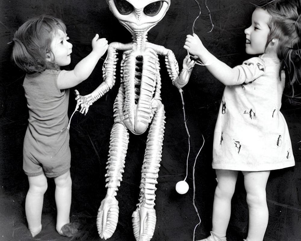 Children with life-sized alien model in playful interaction