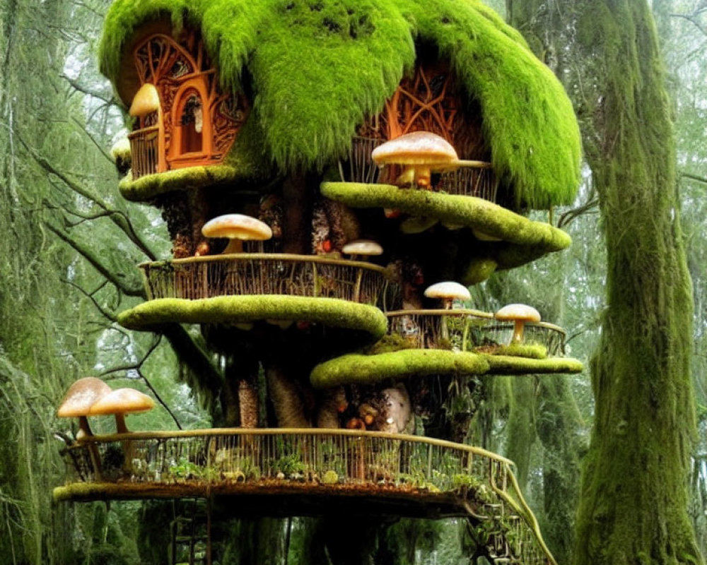 Enchanted forest treehouse with moss roof and mushroom accents