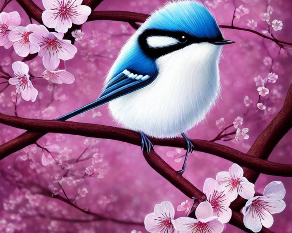 Blue and White Bird Perched on Branch with Cherry Blossoms on Pink Background