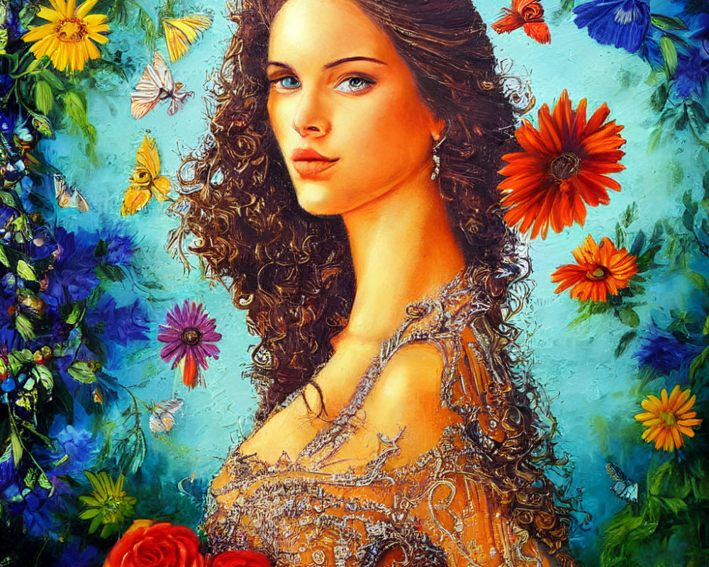 Colorful portrait of woman with flowers, butterflies, and lace detail