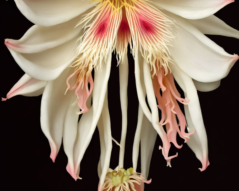 Detailed White and Pink Night-Blooming Cereus Flower on Black Background