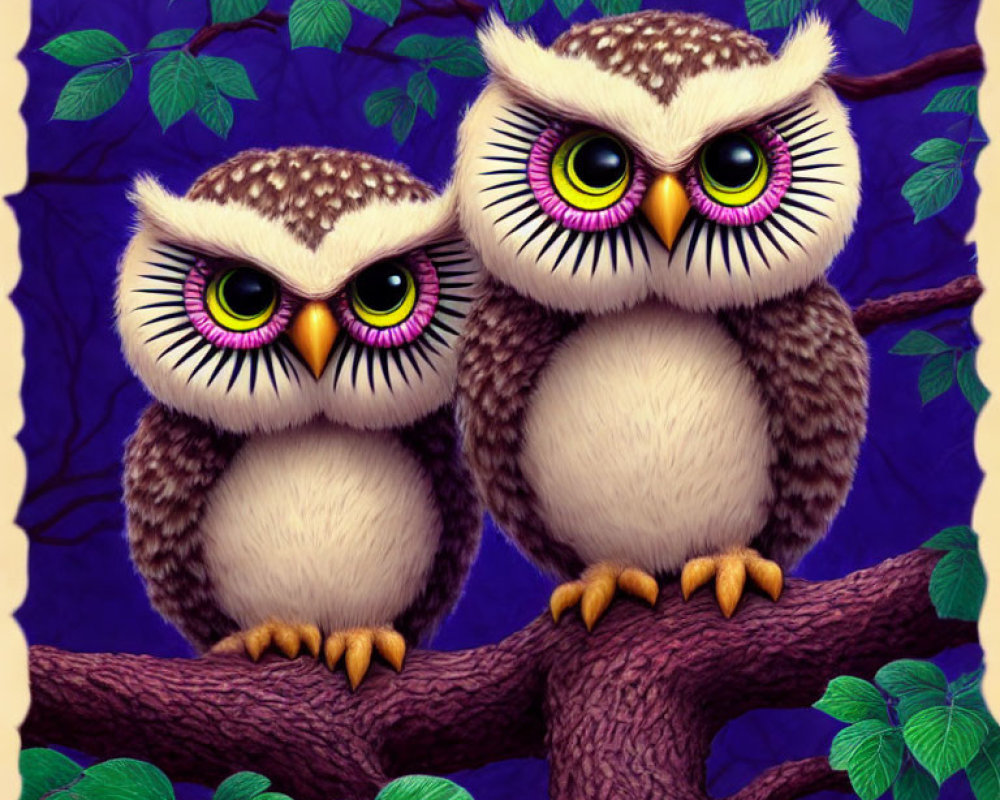 Stylized cartoon owls with purple and yellow eyes on tree branch against blue leaves