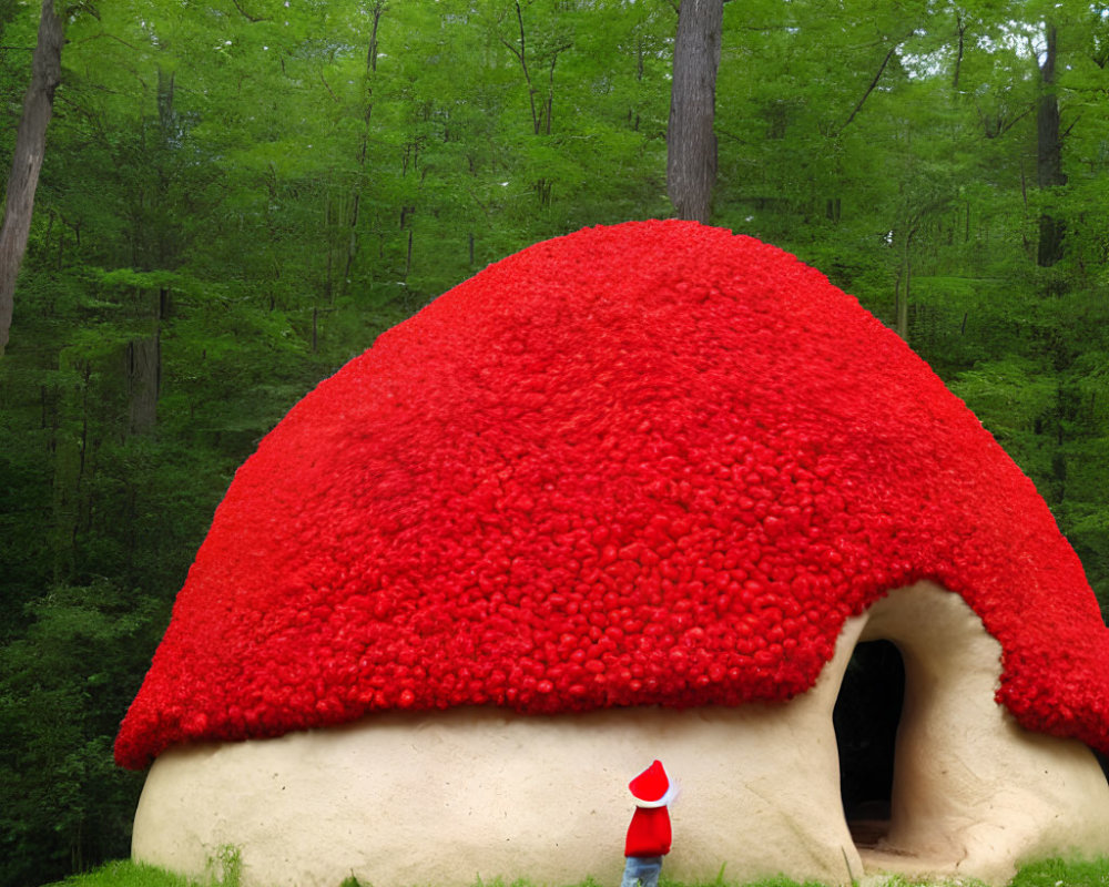 Vibrant red mushroom structure with gnome in lush forest