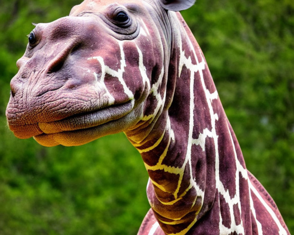 Patterned neck giraffe with gentle expression in close-up against green background