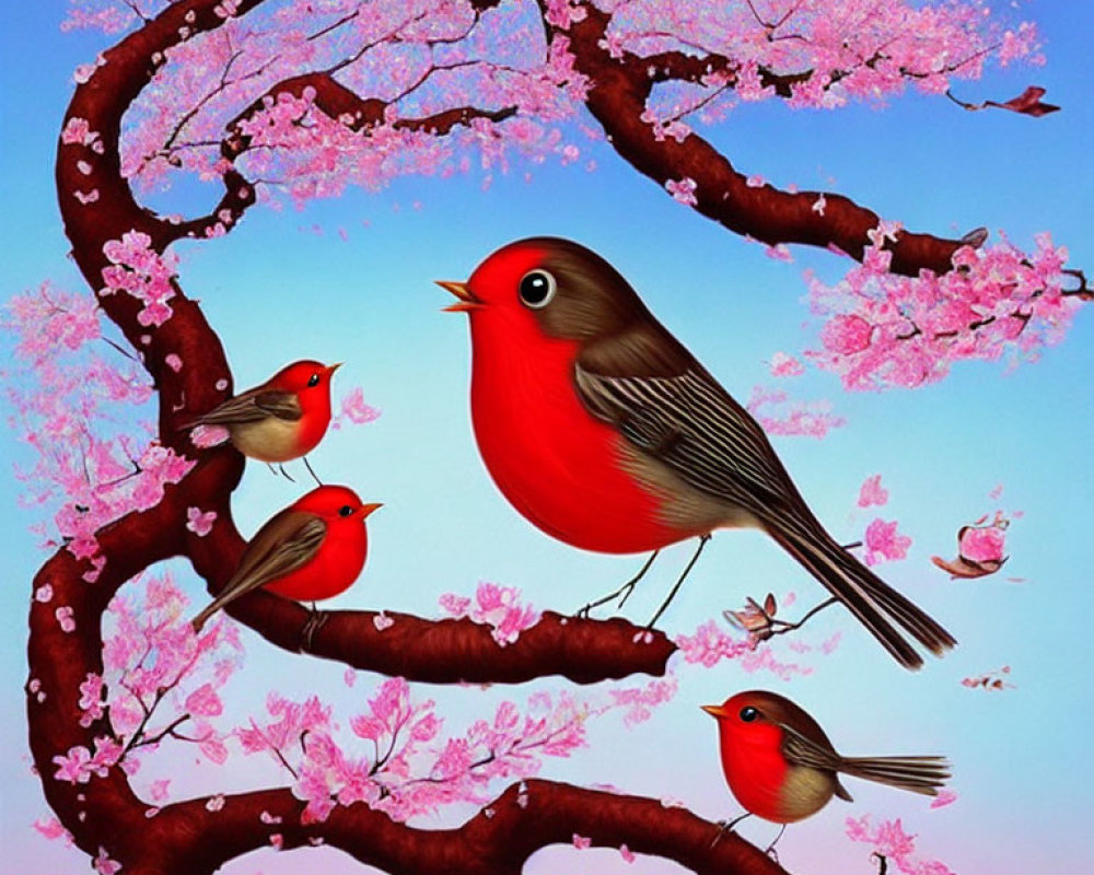 Colorful red birds on cherry blossom tree with pink and blue sky