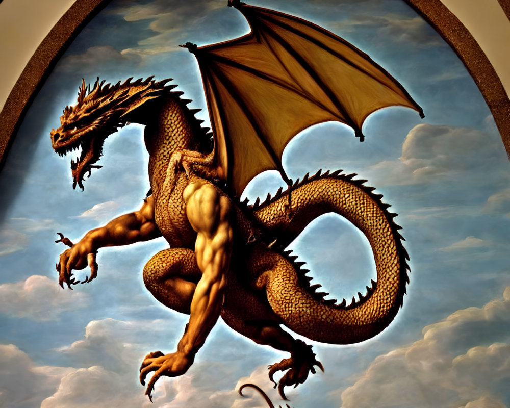 Majestic dragon with wings by arched window under cloudy sky