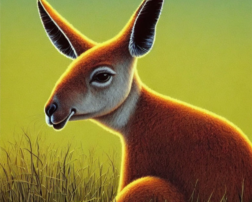 Brown Kangaroo Illustration with Pointy Ears and Gentle Gaze on Green Background