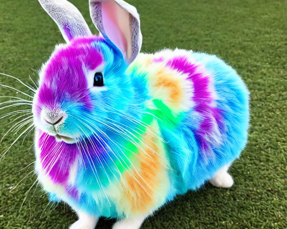 Colorful Rainbow Patterned Rabbit on Green Grass with Long Ears