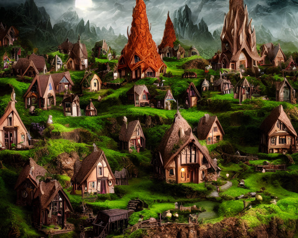 Quaint village with spires in moonlit landscape