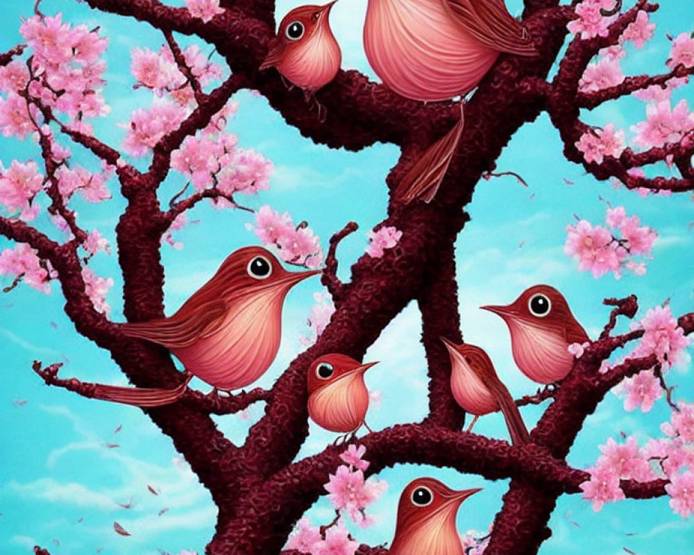 Whimsical pink birds in cherry blossom branches on blue sky