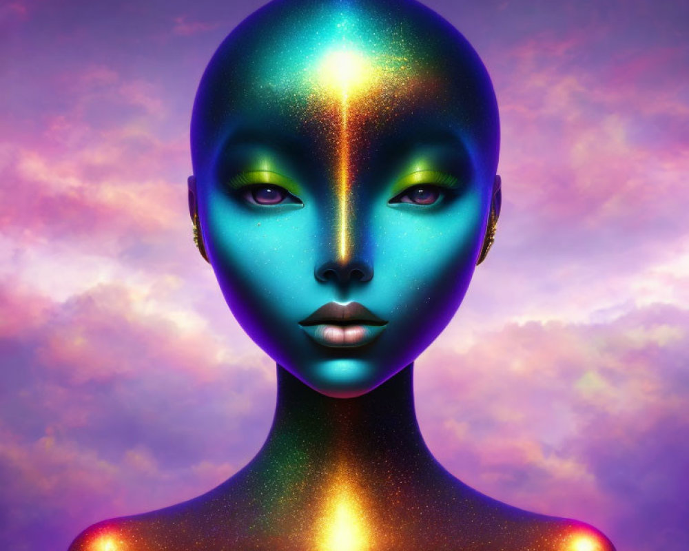 Surreal humanoid figure with cosmic skin texture in vibrant purple and blue hues