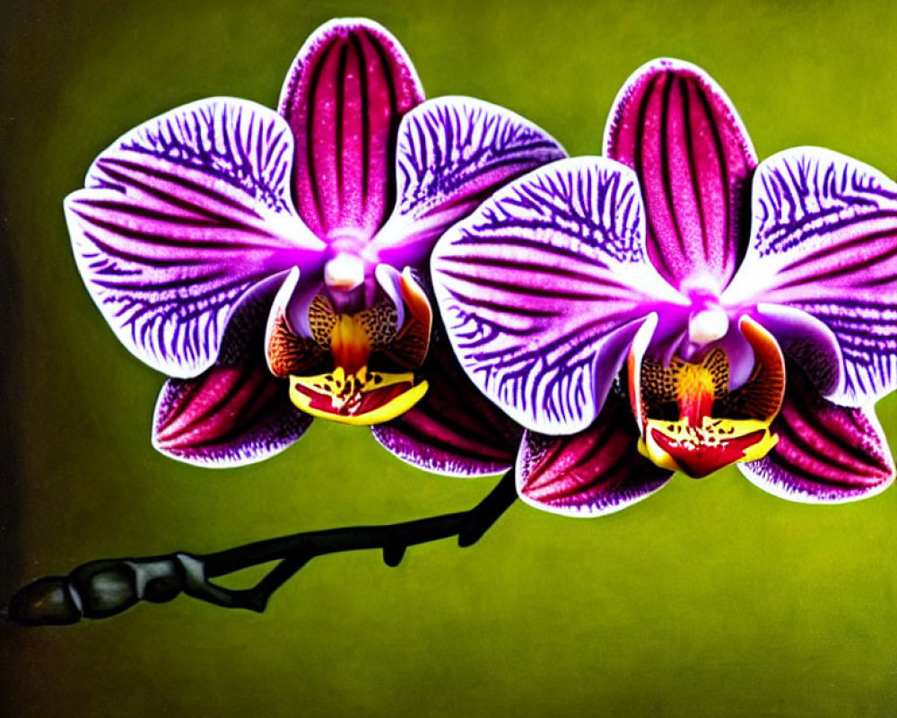 Three Purple-Striped Orchids on Greenish-Yellow Background