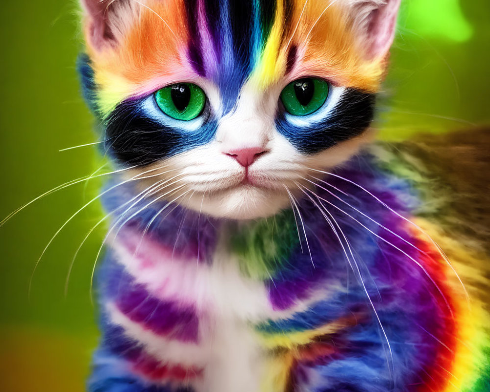 Rainbow-colored cat with green eyes on blurred green background