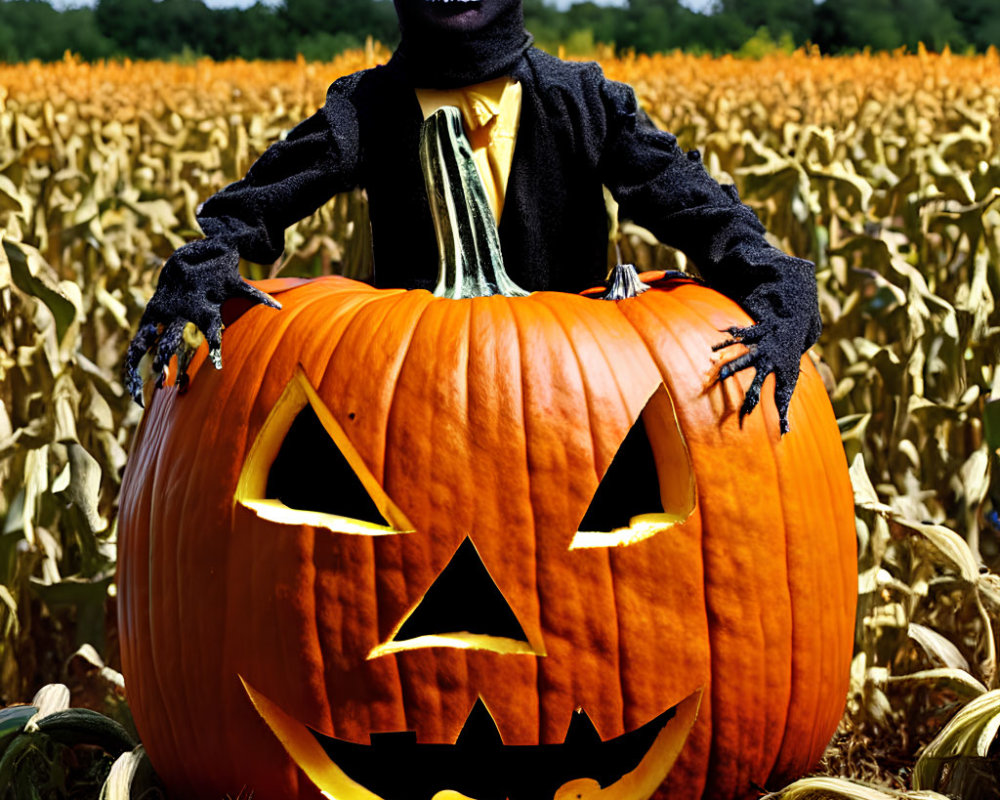 Skeleton emerging from carved pumpkin in cornfield under clear sky