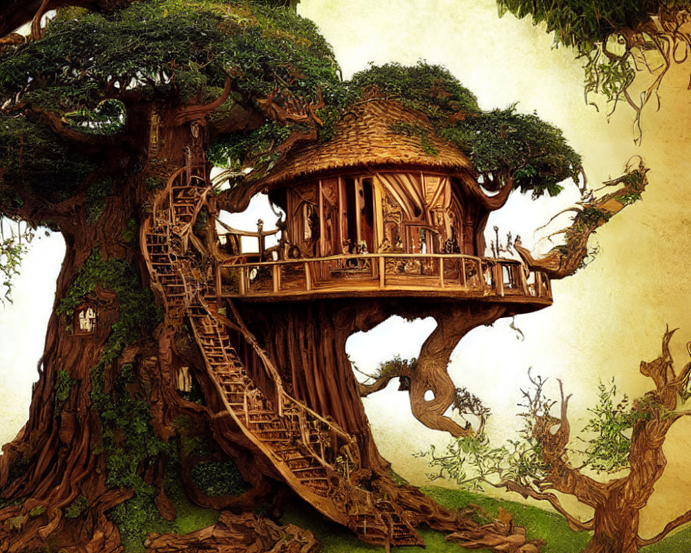 Detailed illustration of whimsical treehouse in magical forest