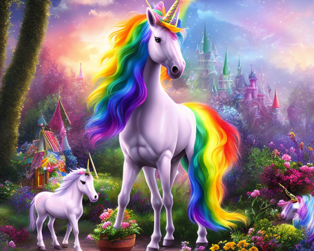 Colorful unicorns in magical garden with rainbows, vibrant flora, and castle