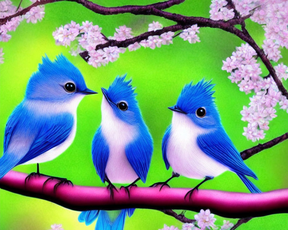 Three cartoon bluebirds on pink cherry blossom branch against green background