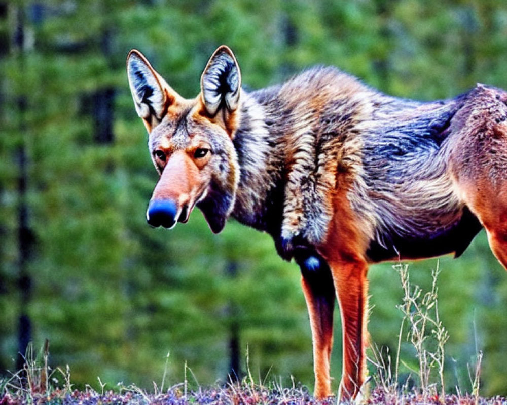 Colorful wolf in wilderness setting glances at camera