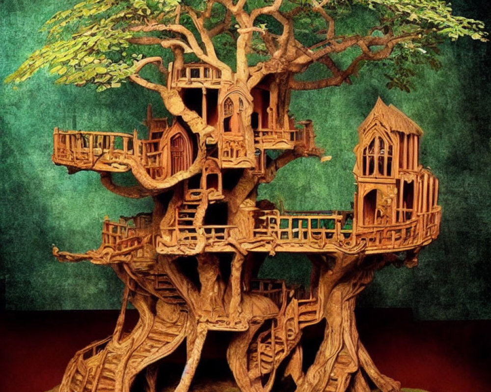 Detailed Wooden Treehouse Model with Intricate Balconies on Green Textured Background