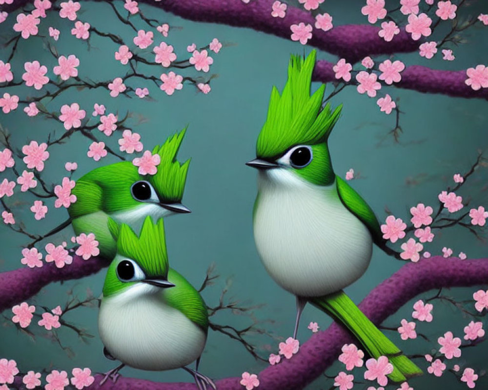 Stylized birds with green mohawk feathers perched on branches among pink blossoms