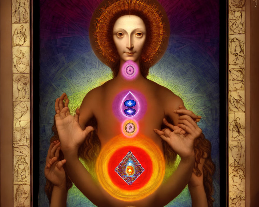 Mystical digital artwork featuring chakra symbols, halo, and esoteric background