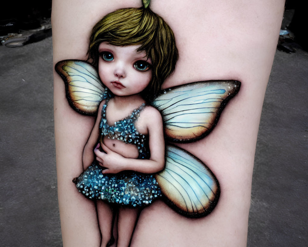 Girl with Butterfly Wings and Green Dragon Tattoo Design