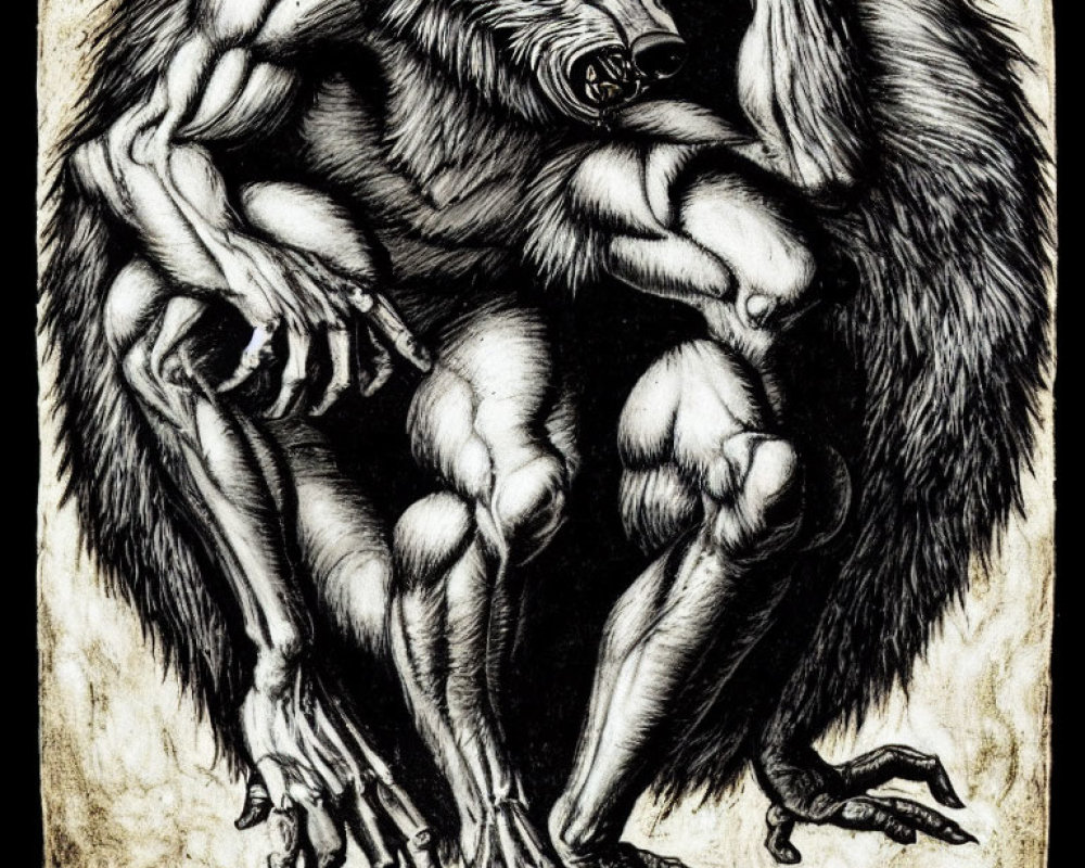 Detailed black and white illustration of muscular, multi-limbed creature with fur and sharp claws