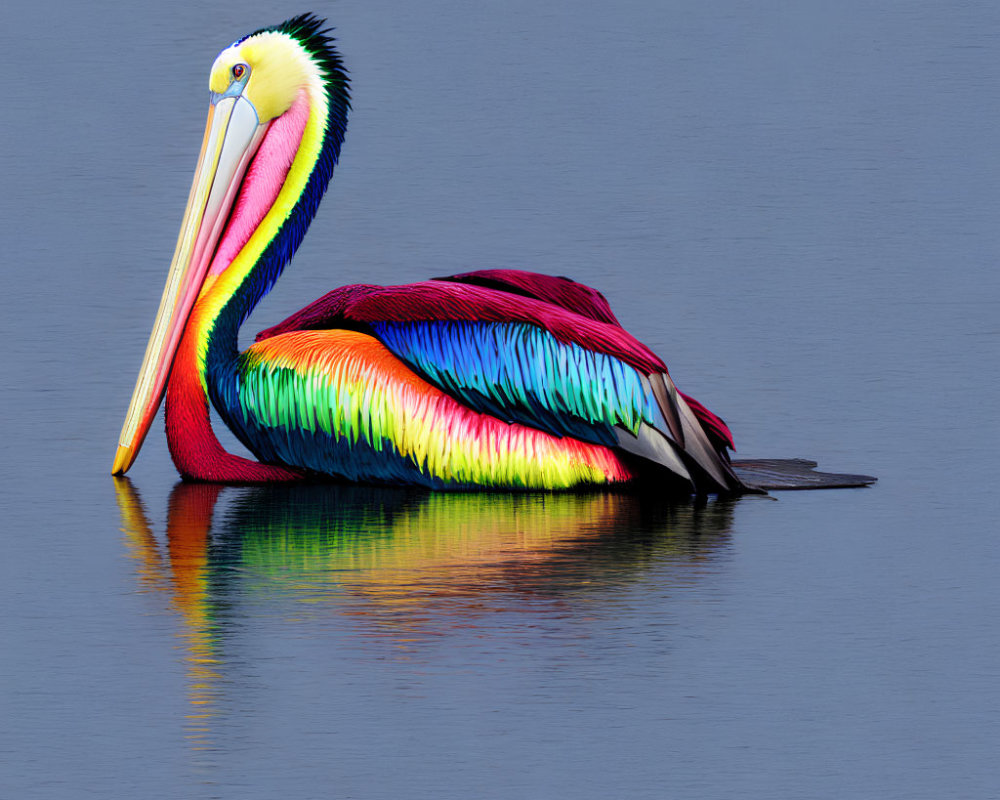 Pelican with Multicolored Feathers Reflected in Water