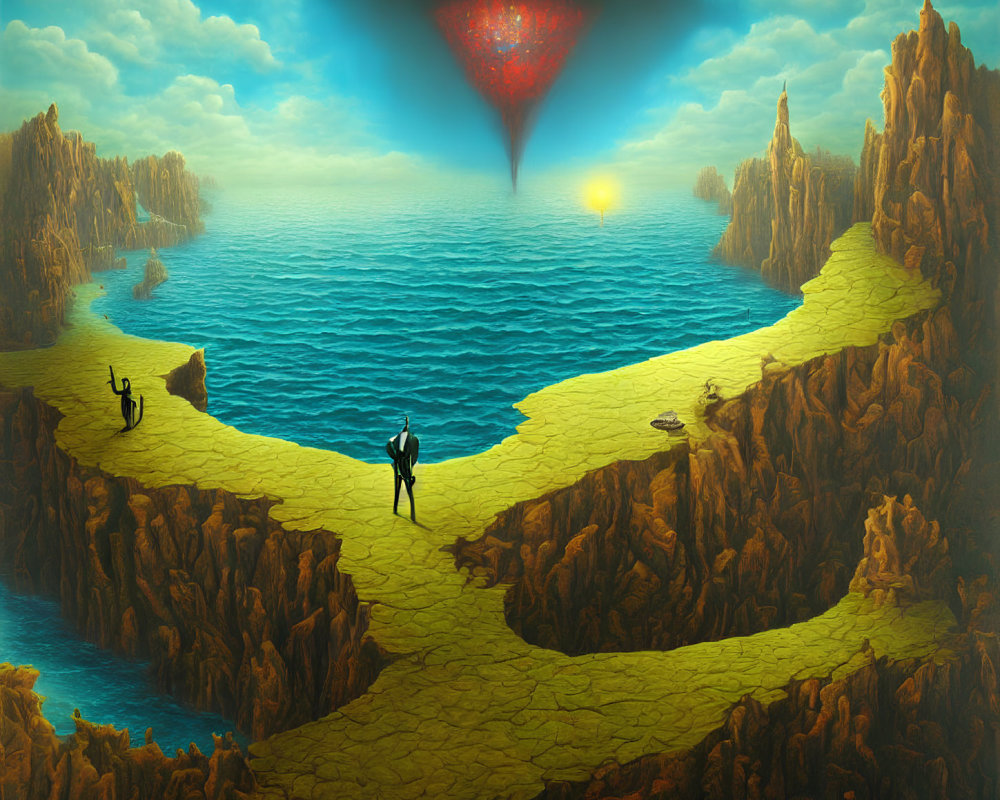 Surreal landscape with yellow-brick path, blue lake, cliffs, sun, and red glow