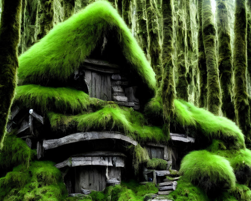 Rustic wooden cabin covered in green moss in enchanting forest