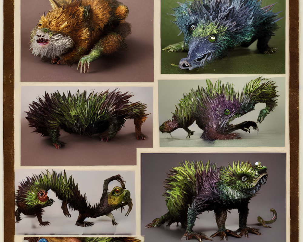 Colorful Spiky Fur Creatures on Brown Background