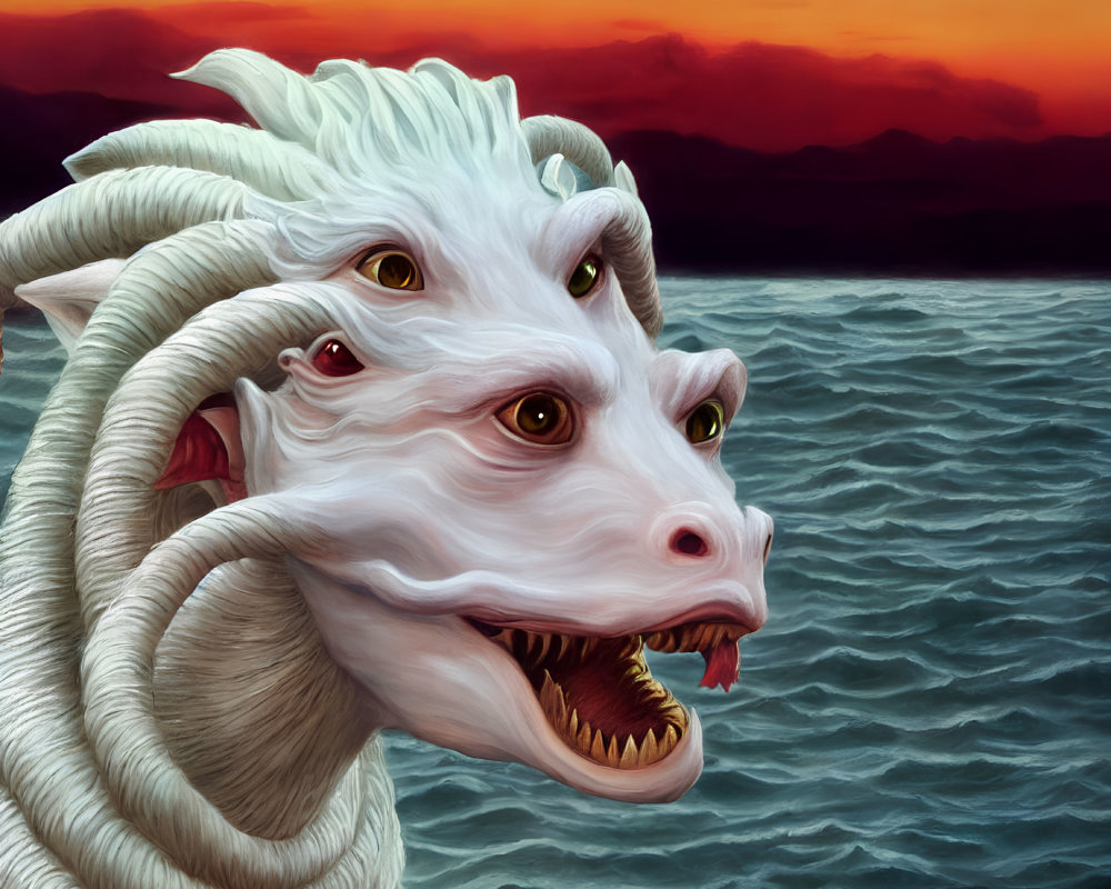 White Multi-Headed Dragon in Sunset Seascape