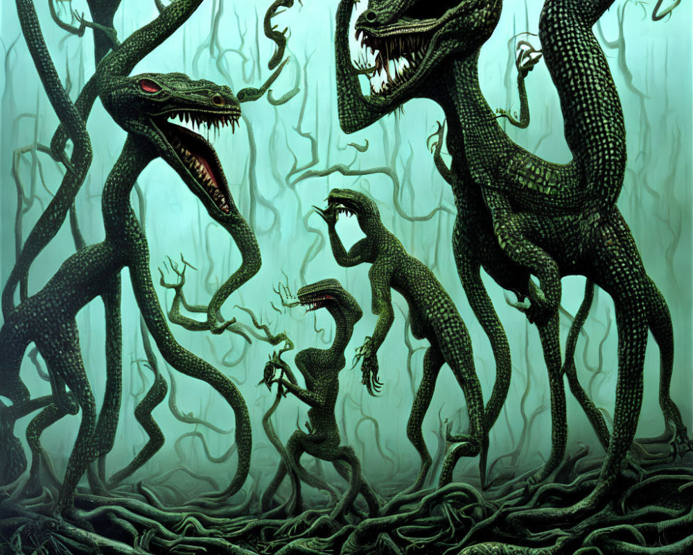 Fantastical illustration of serpent-like creatures in emerald forest