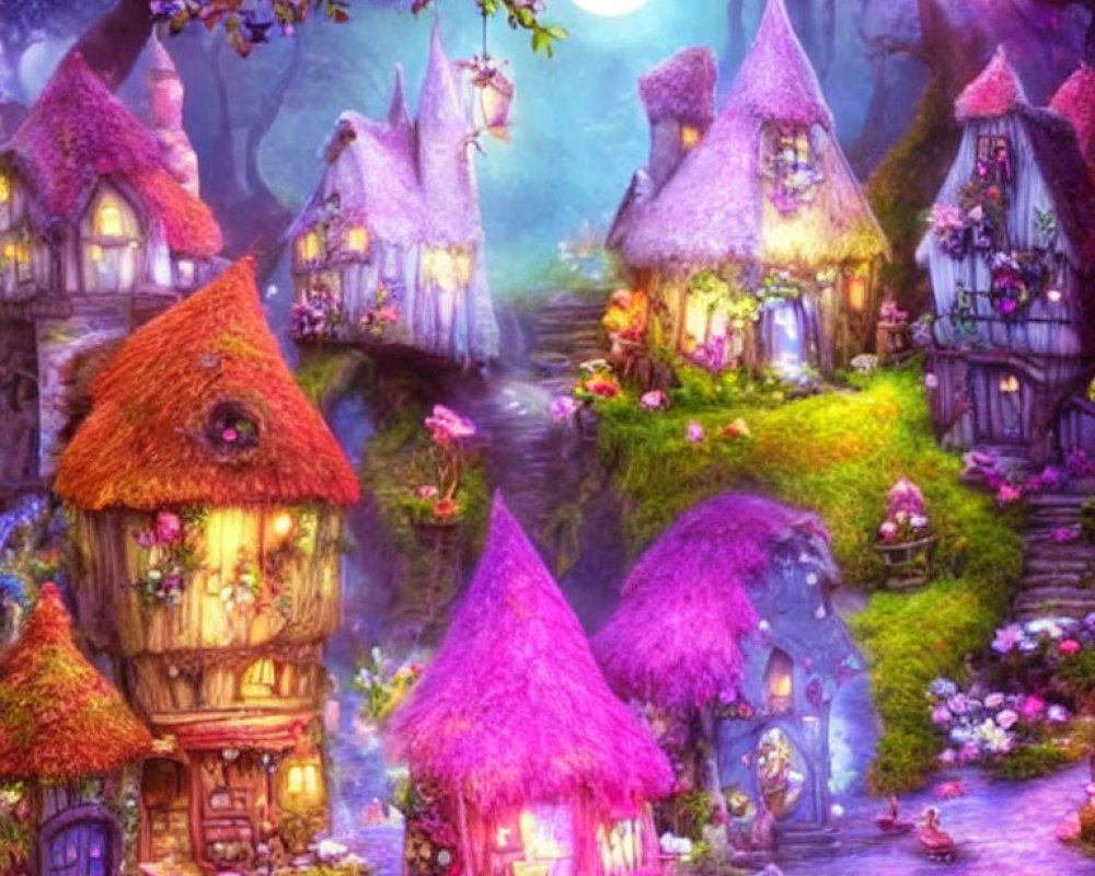 Enchanting village scene with fairytale cottages and glowing moon