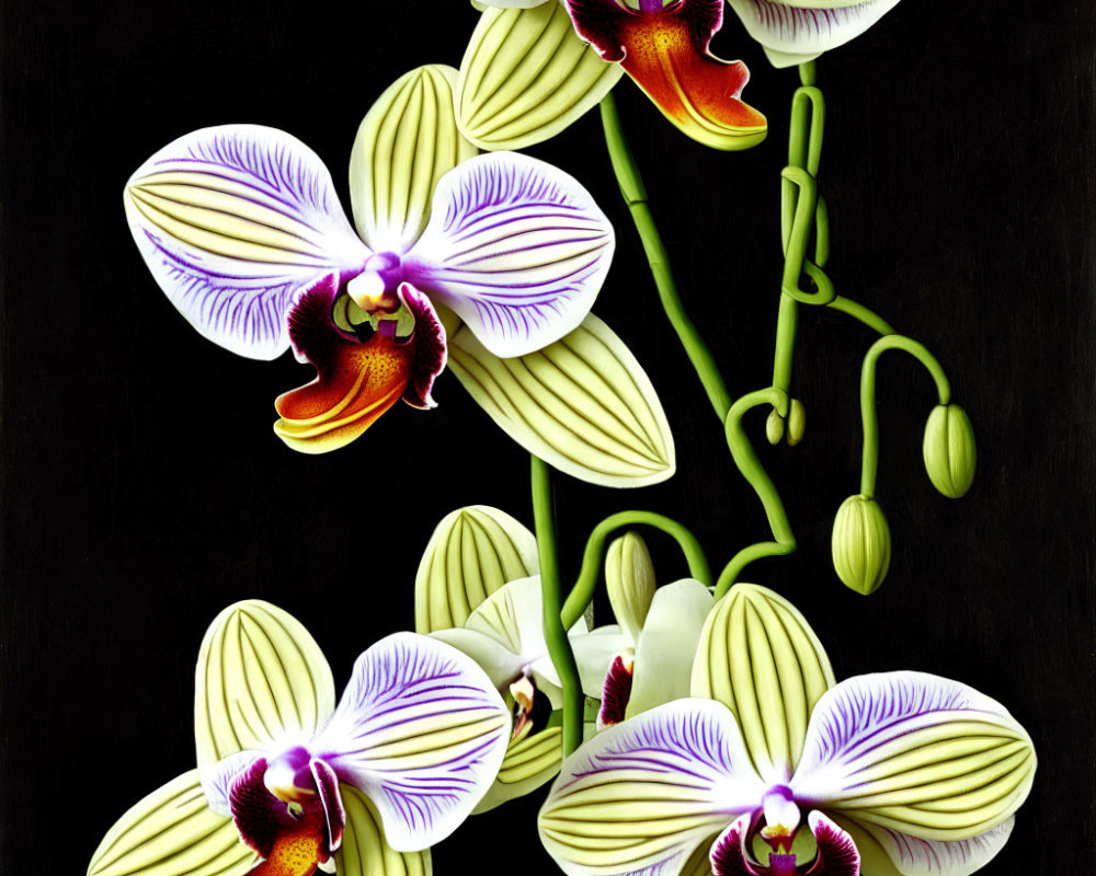 Striped White and Purple Orchids on Dark Background