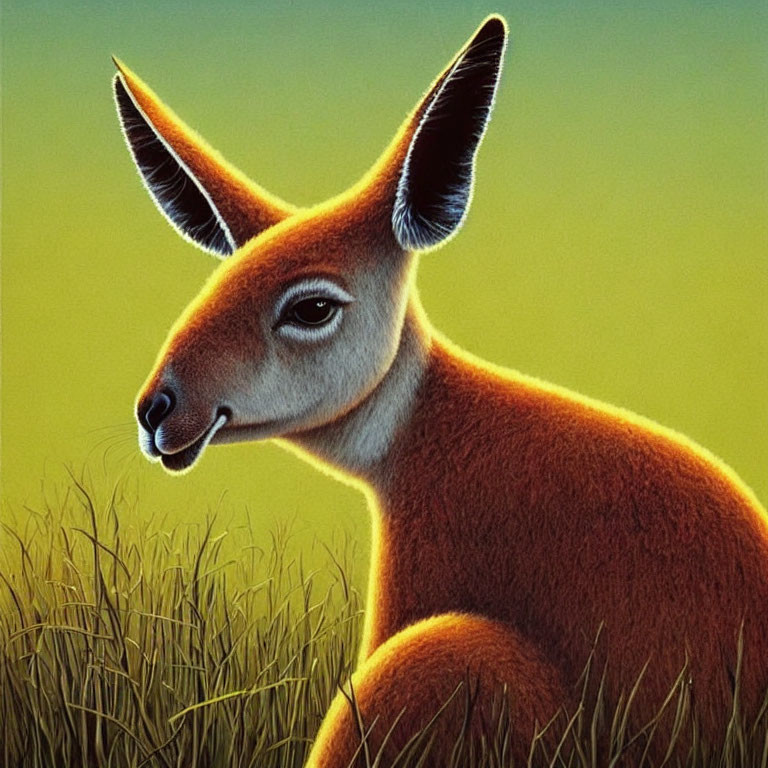 Brown Kangaroo Illustration with Pointy Ears and Gentle Gaze on Green Background