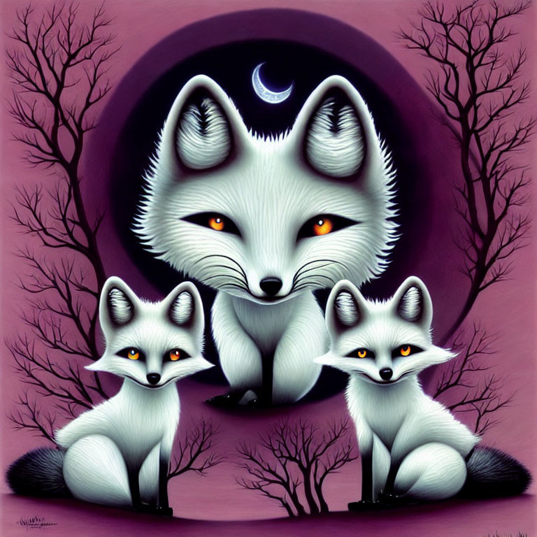 Stylized foxes under crescent moon in purple setting