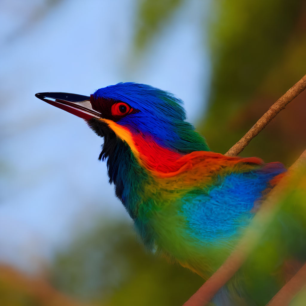 Colorful bird with blue, green, and red feathers perched on a branch