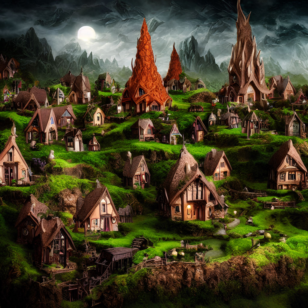 Quaint village with spires in moonlit landscape