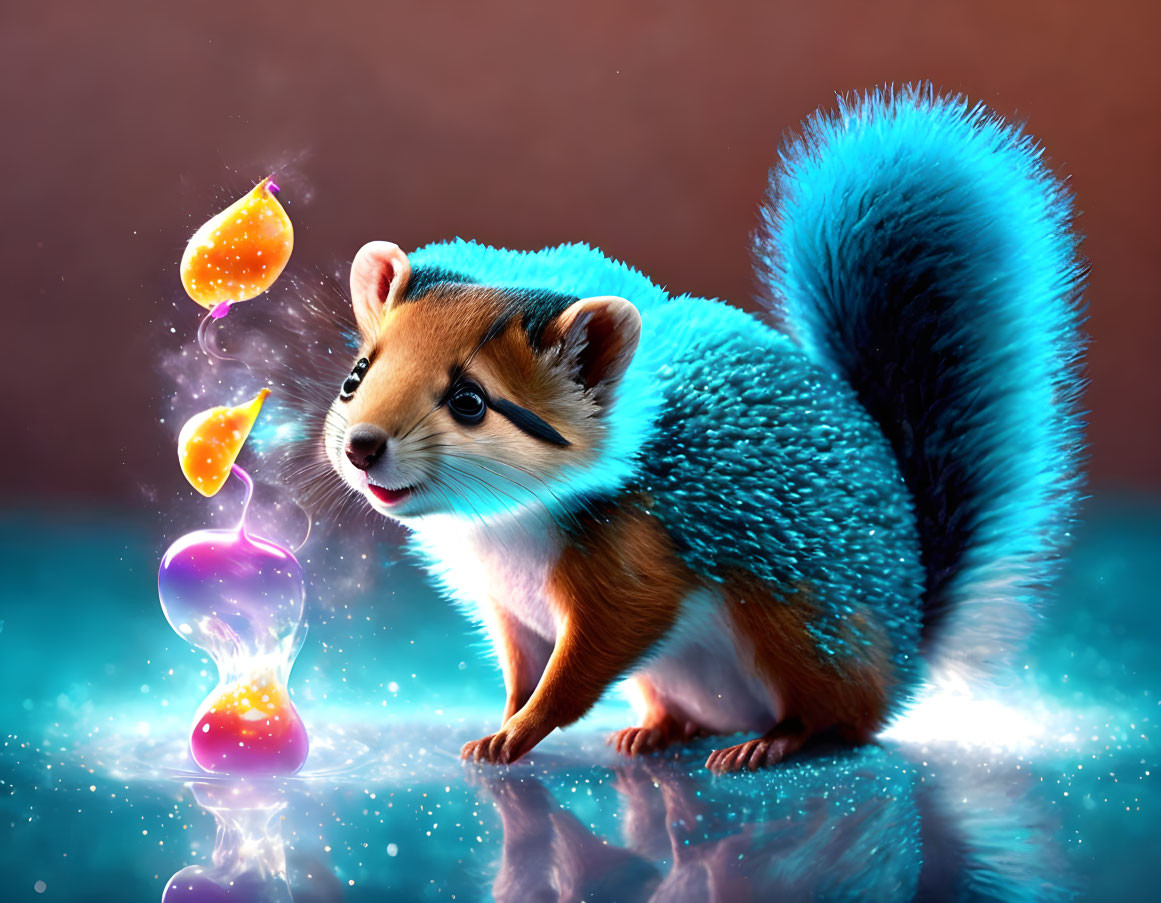 Illustration of fluffy squirrel with blue tail and glowing orange objects on warm backdrop