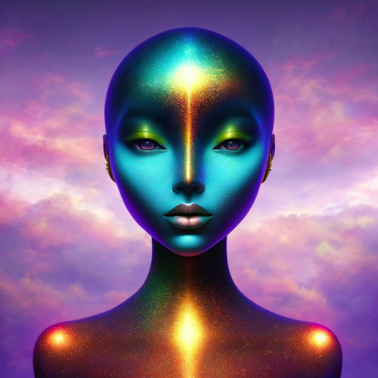 Surreal humanoid figure with cosmic skin texture in vibrant purple and blue hues