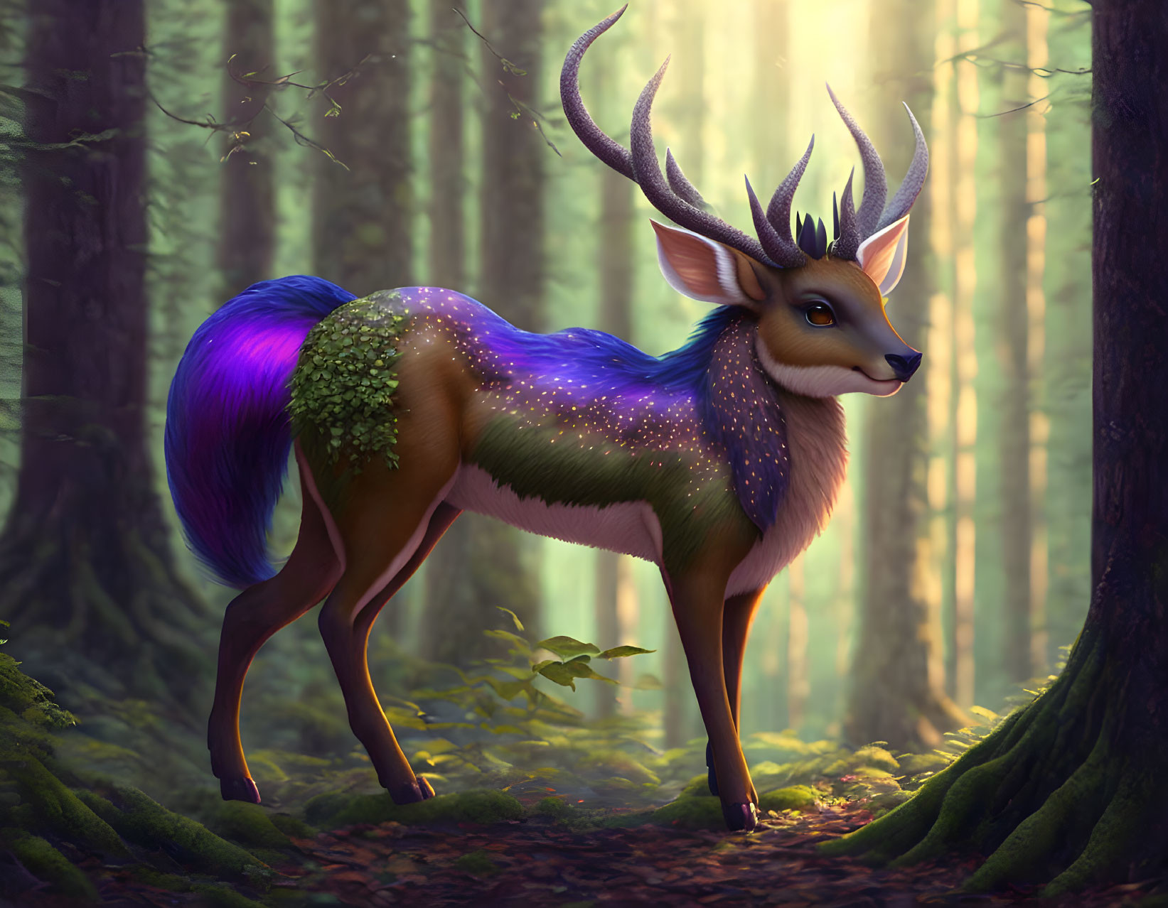 Colorful Starry Fur Coat on Mythical Deer in Misty Forest