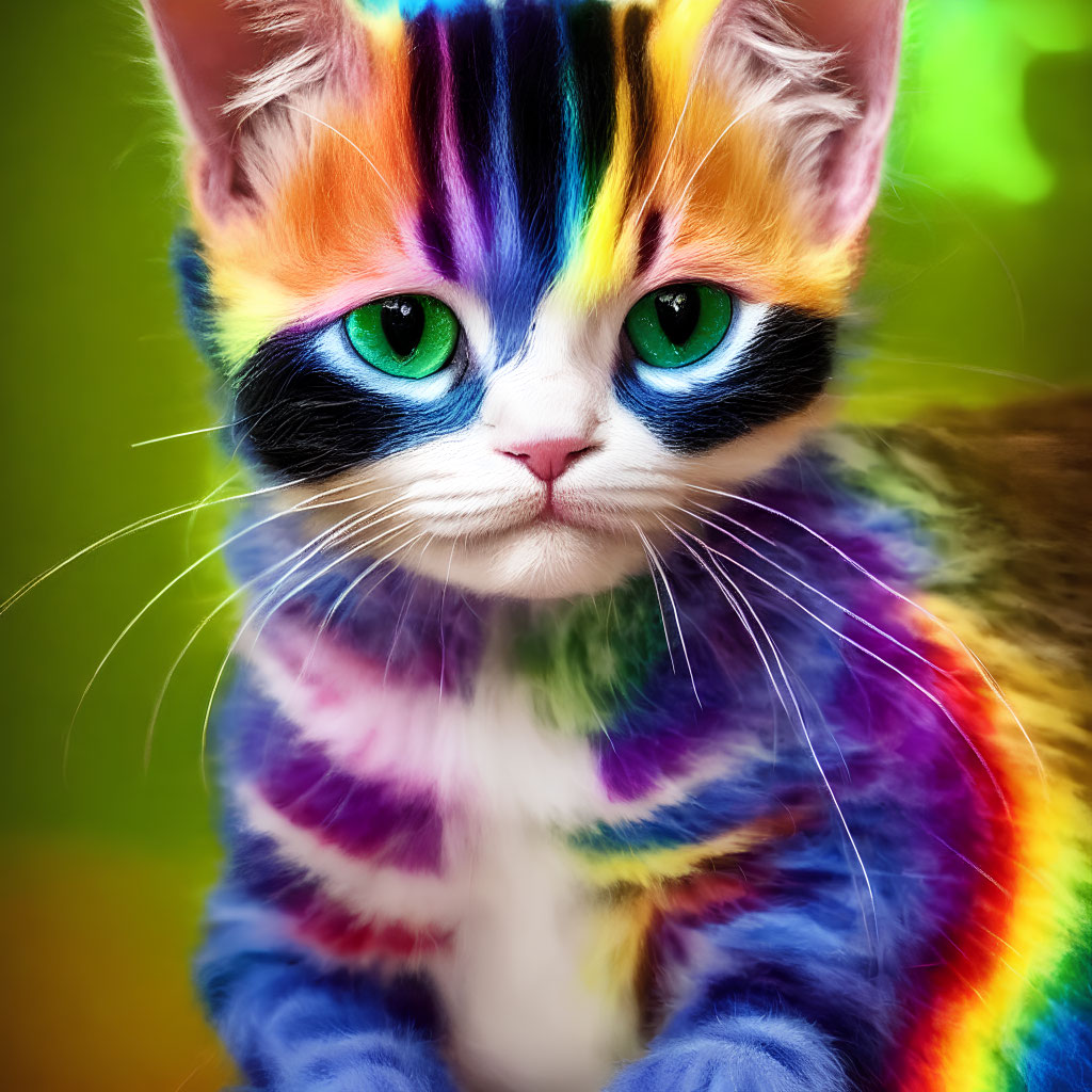 Rainbow-colored cat with green eyes on blurred green background