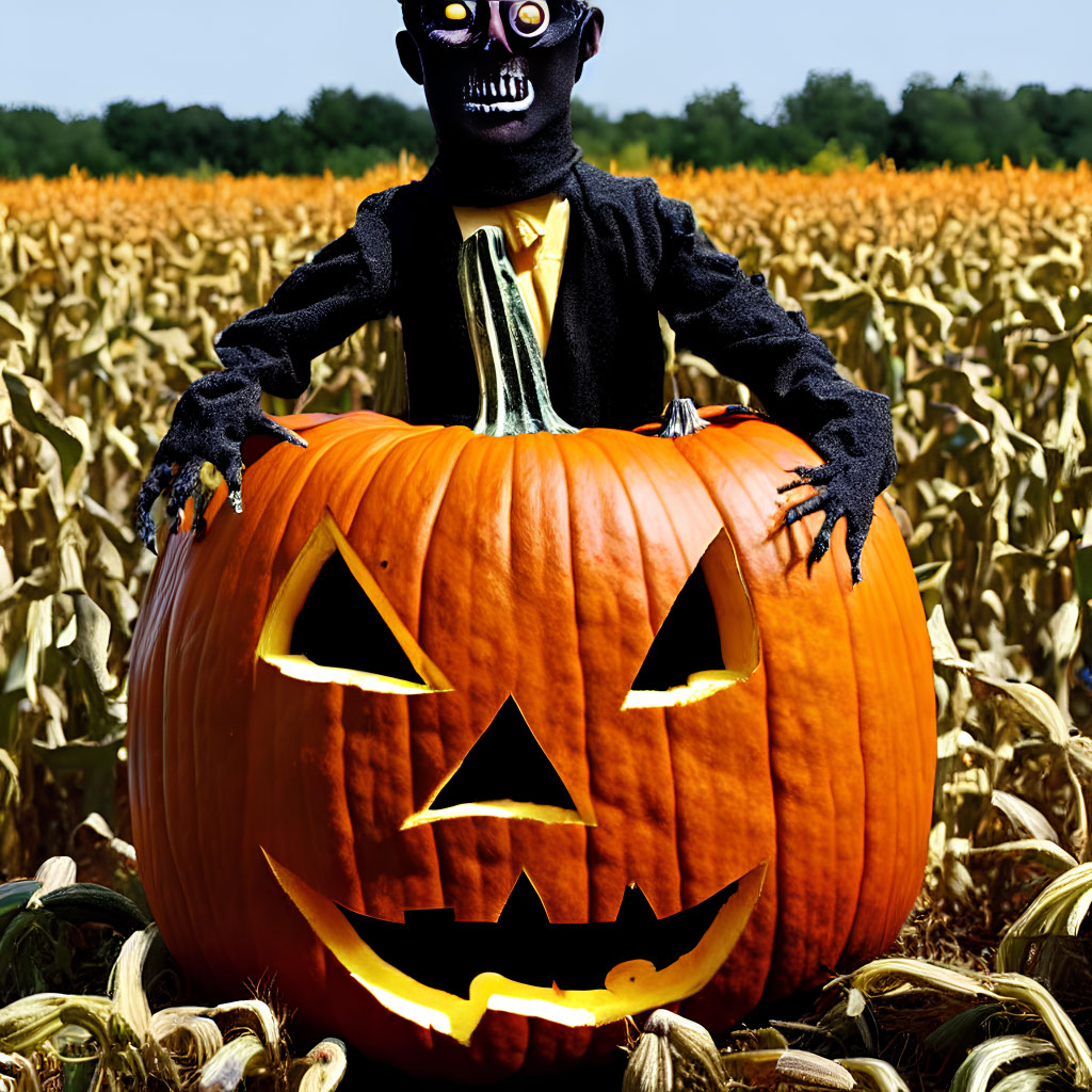 Skeleton emerging from carved pumpkin in cornfield under clear sky